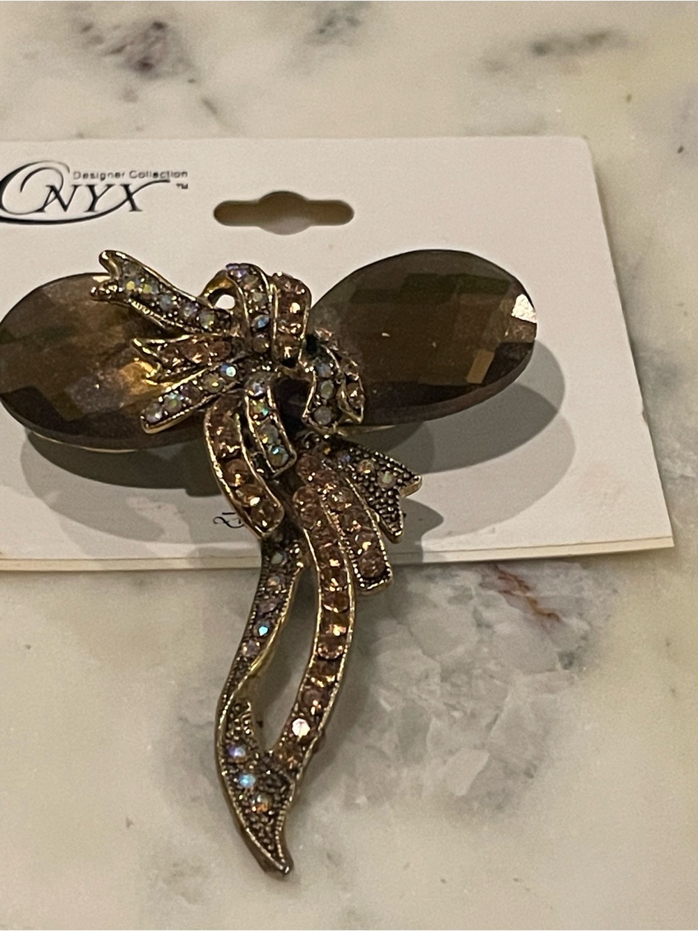 Onyx Gold-Tone Bow Brooch with Brown Faceted Stones